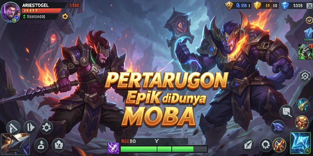 Screenshot gameplay ARIESTOGEL menunjukkan pertarungan seru di arena MOBA.