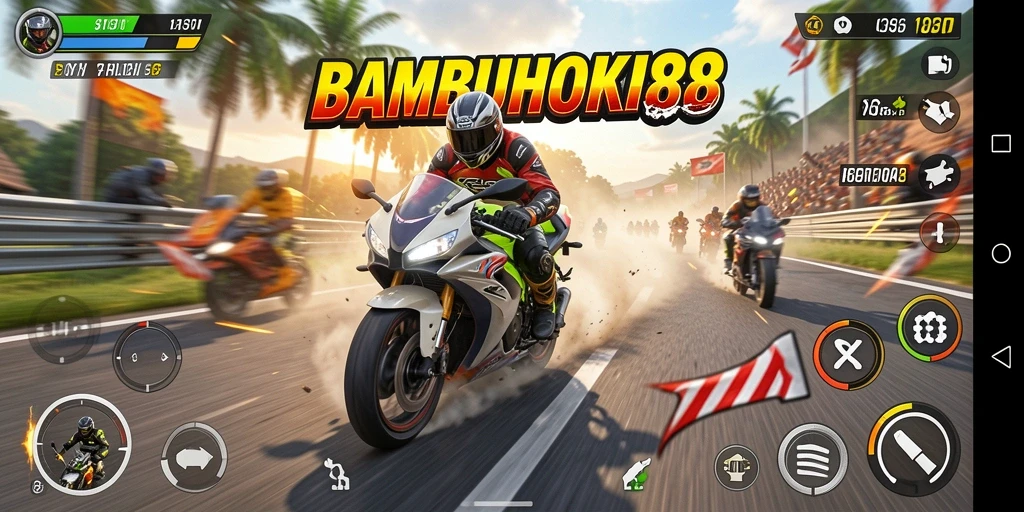 Gameplay menegangkan di BAMBUHOKI88 saat balap motor.