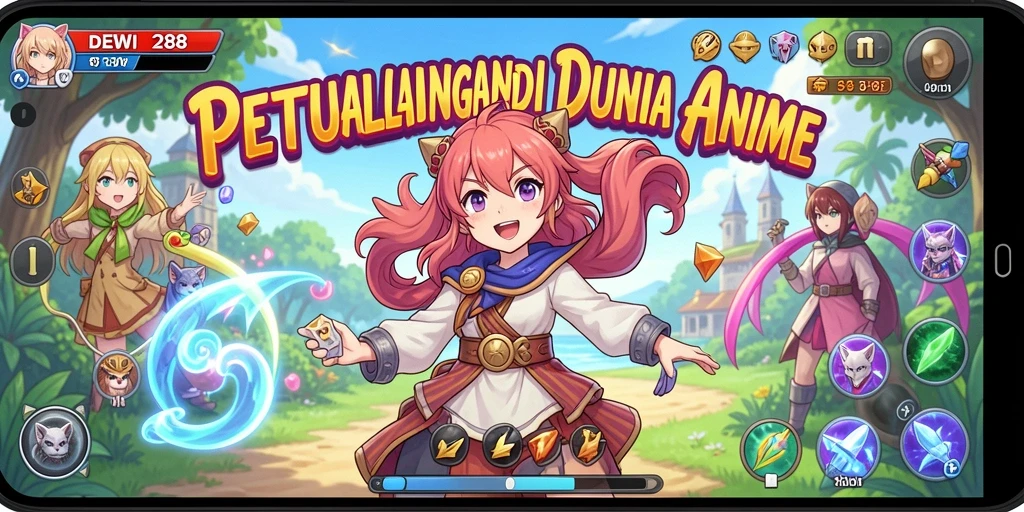 Gameplay DEWI288 yang menampilkan karakter Anime dan pertempuran seru.