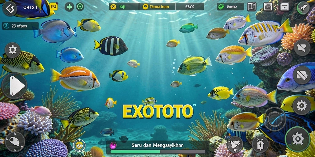Screenshot gameplay EXOTOTO menampilkan aksi menembak ikan yang seru.
