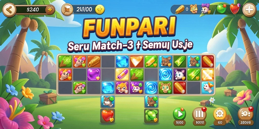 Gameplay seru dan menantang dari FUNPARI saat mencocokkan item.