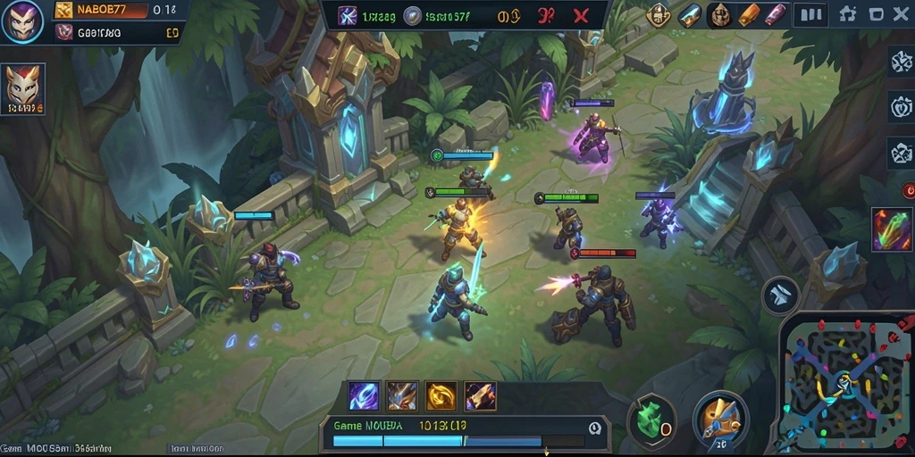 Screenshot gameplay NABOB77 menunjukkan aksi seru karakter dalam pertempuran MOBA.