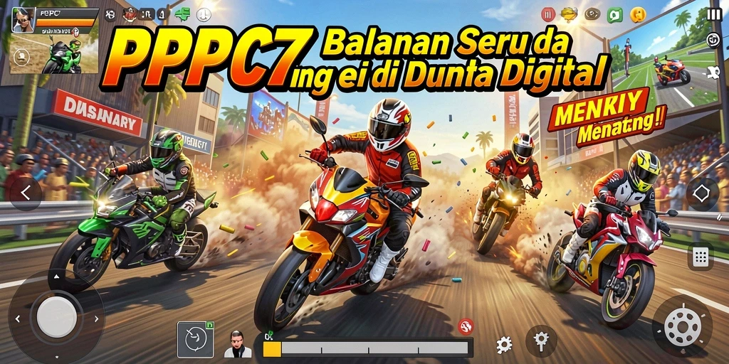 Tampilan gameplay seru di PCPC7 dengan mobil balap yang cepat.