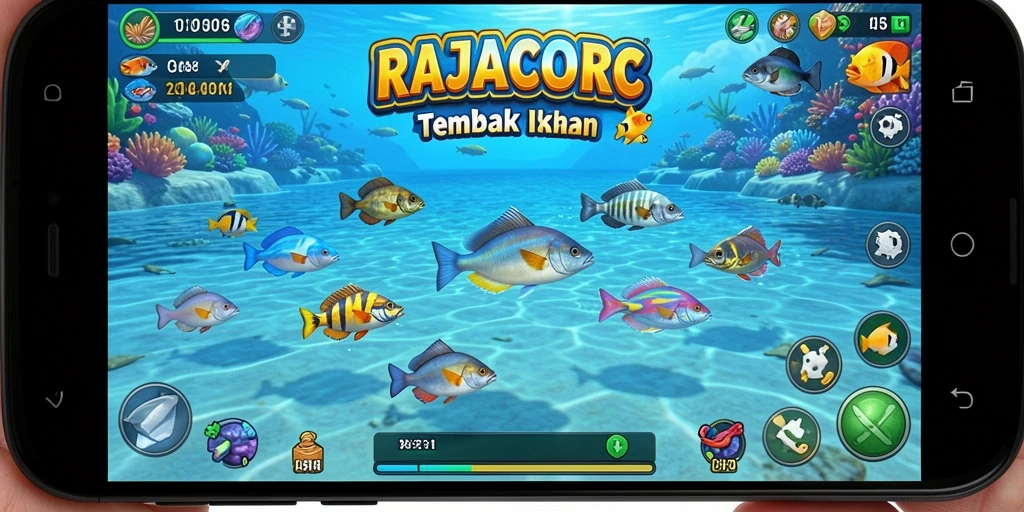 Tangkapan layar RAJACORC menunjukkan pemain berburu ikan dengan senjata canggih.