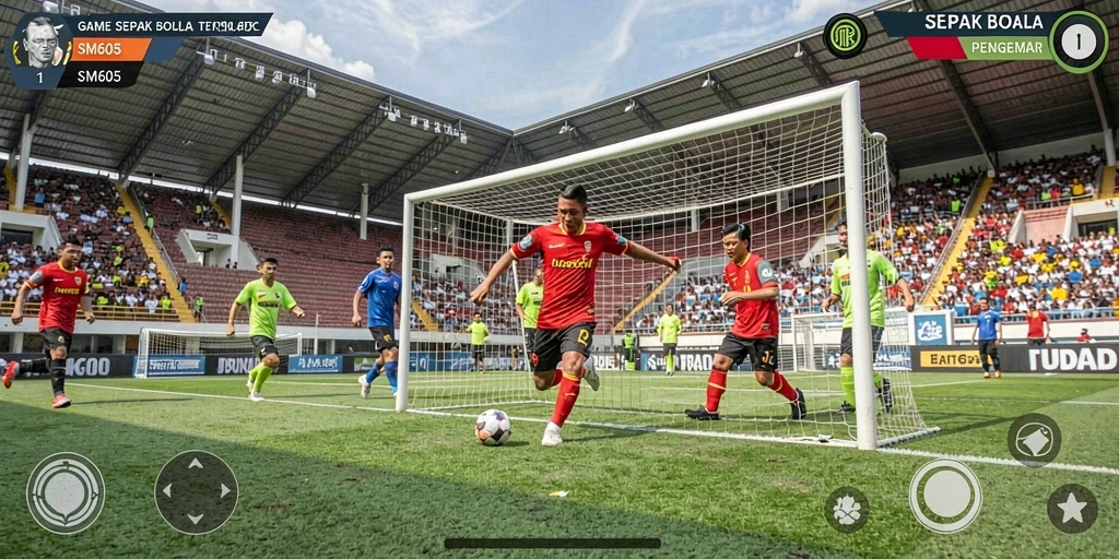 Gameplay SM605 yang menarik dengan aksi sepak bola seru.
