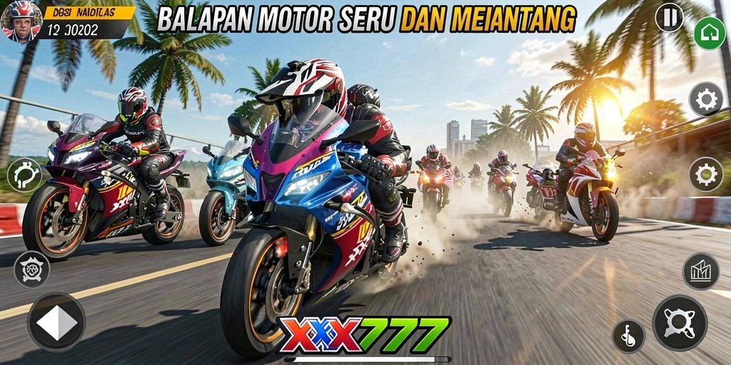 Screenshot utama XXX777 menampilkan aksi balap motor yang mendebarkan.